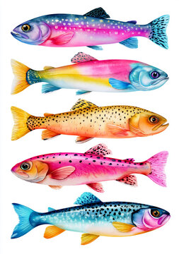Vibrant Watercolor Fish Illustration in Bright Colors Flat Lay Composition