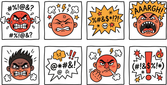 Angry Cartoon Character and Profanity Comic Asset Set Featuring Swearing Symbols Shouting Avatars Speech Bubbles and Aggressive Emotion Vector Elements