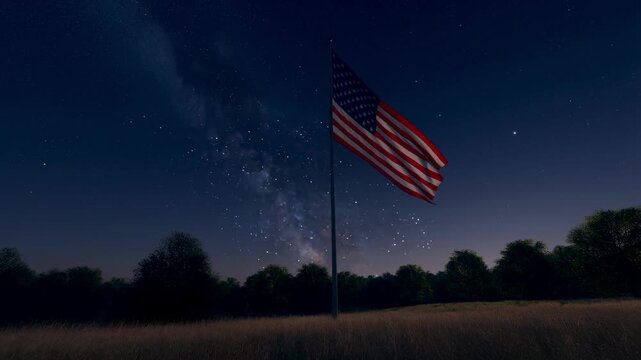 Nighttime view of a large american flag waving on a flagpole under a starry sky during juneteenth celebration symbolizing freedom heritage and unity in the united states