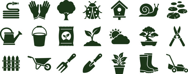 Collection of gardening and planting tools and supplies for garden care and outdoor work. © MDKOPHIL