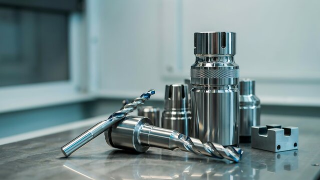 Precision metal machining tools and components on a workshop workbench