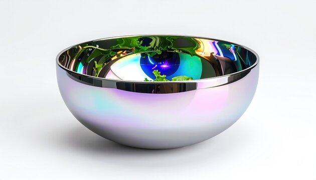 Iridescent bowl with reflective interior holding leafy greens against a white backdrop