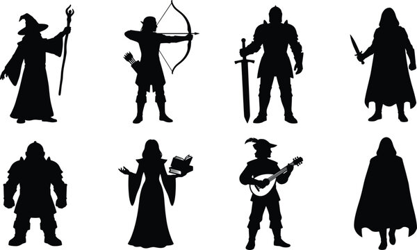 Fantasy RPG character class vector silhouette collection featuring wizard warrior archer rogue and bard adventurers