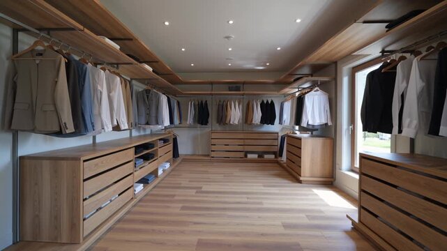 Luxurious wooden walk-in closet wardrobe interior