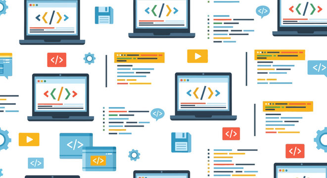 Vector Illustration of Laptop Coding Snippets and Web Development Icons