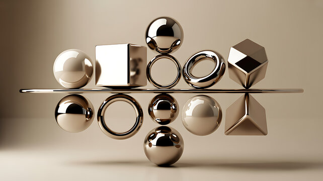 Metallic 3 d shapes on a reflective surface, including spheres, cubes, and rings, in a neutral beige background