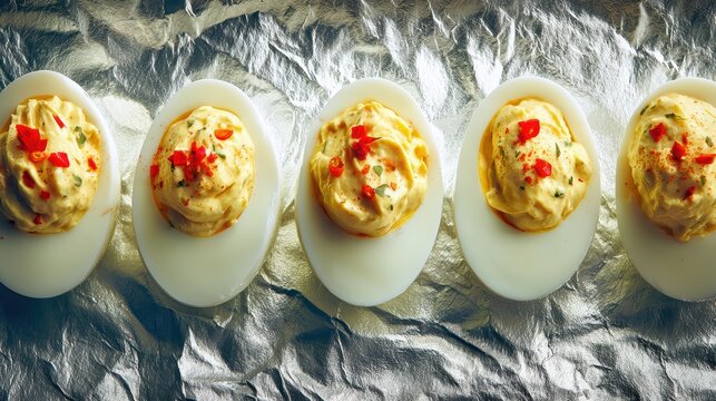 Deviled Eggs Platter: A delectable arrangement of five deviled eggs, each topped with a sprinkle of paprika and herbs, presented on a textured, reflective surface.