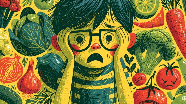 Child's Overwhelmed Reaction to Abundance of Healthy Vegetables, Expressing Dislike and Distress Amidst a Colorful, Textured Background of Produce