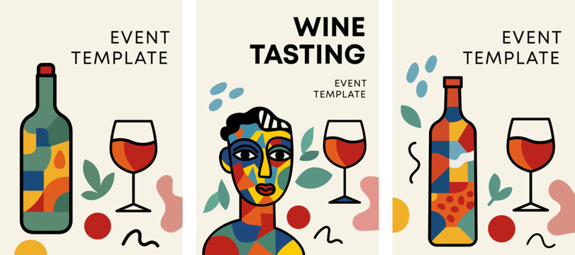 Set of three beverage tasting event templates with geometric bottles, wine glasses, cubist portrait and clean modern editorial layouts for stock graphics Vector illustration.