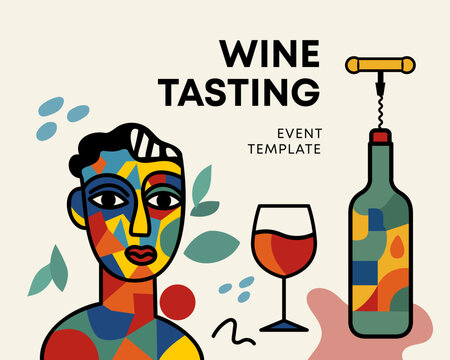 Modern beverage tasting invitation template with colorful cubist portrait, geometric bottle, glass, abstract shapes and clean hospitality event layout Vector illustration.
