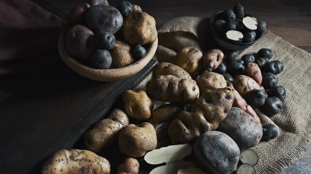 Assorted native Peruvian potatoes and purple chips in a rustic setting.