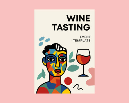 Modern beverage tasting event flyer template on pink background with cubist portrait, geometric bottle, glass and clean editorial composition for stock graphics Vector illustration.
