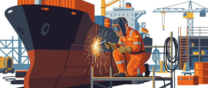 Shipyard welder in orange uniform working on large ship hull with sparks flying