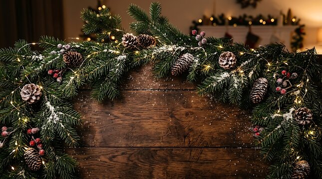 Christmas evergreen garland with string lights and pine cones on rustic wooden background.