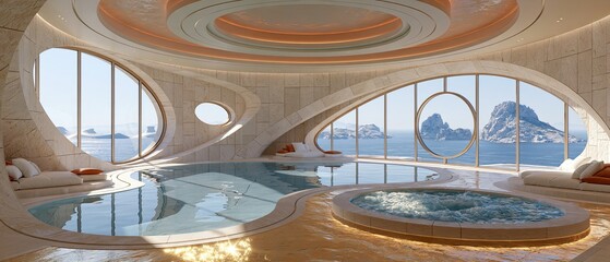 Obraz premium Luxurious spa with curved windows overlooking a serene ocean landscape