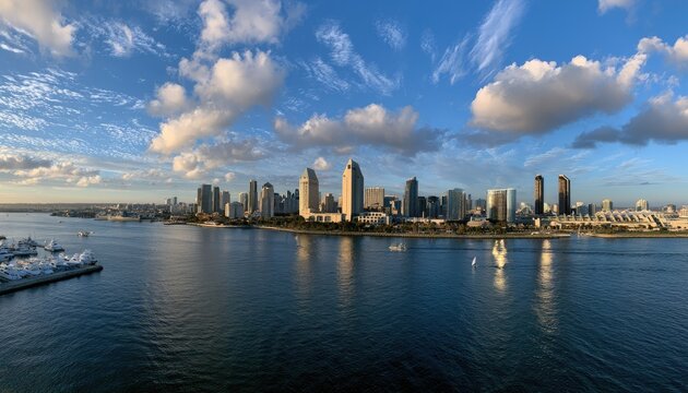 Panoramic view of a modern city skyline across a blue bay under a cloudy sky