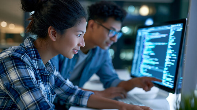 Faceless Asian two developers working on coding task and collaborating in office with female programmer leader presenting code on monitor during software development meeting at