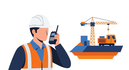 Fototapeta premium Construction Engineer Communicating with Walkie-Talkie on Site with Crane and Heavy Machinery Flat Vector Illustration