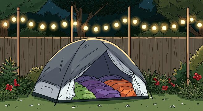Backyard camping setup with tent, sleeping bags, and string lights at night