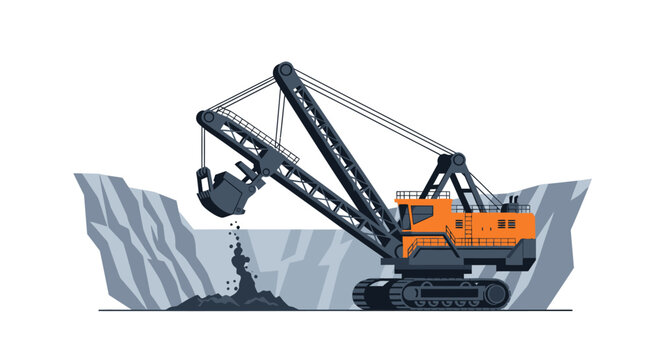 Flat Vector Illustration of a Heavy Mining Shovel Excavator Working in an Open Pit Mine Extracting Coal or Ore