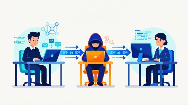 Visual displays a man in the middle attack situation with two users at desks and an attacker manipulating data on a laptop