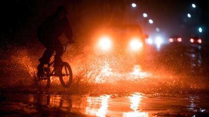 Obraz premium Cyclist splashes through dark, rain-soaked street under bright headlights