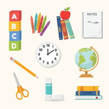 Flat of colorful school supplies, globe, clock, and notes on pastel background, colorful pencils abc blocks