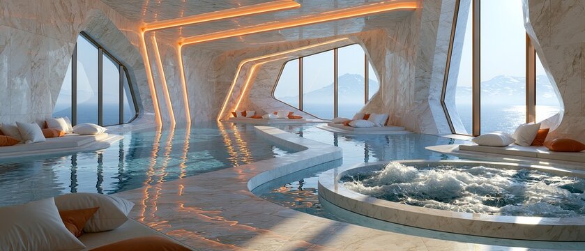 Futuristic indoor pool with ocean view and illuminated architectural accents