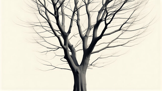 Bare tree with a thick trunk and many branches against a beige background, leafless tree
