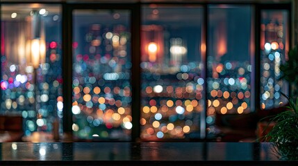 Fototapeta premium Blurred cityscape view through large windows with warm, glowing lights at night