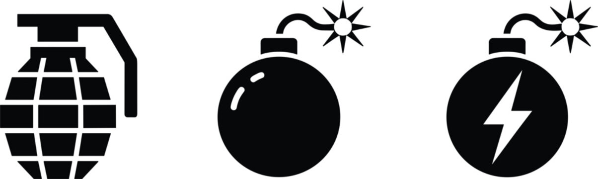 Military grenade and burning fuse bomb icon set, explosion danger flat vector graphic silhouette illustration