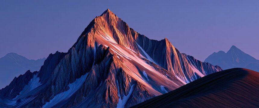 Majestic mountain peak illuminated by warm sunset light against a violet sky