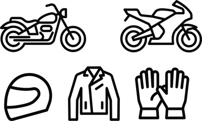 Motorcycle line icon set with riding gear, chopper sportbike helmet jacket gloves vector graphic design © Kaiyum