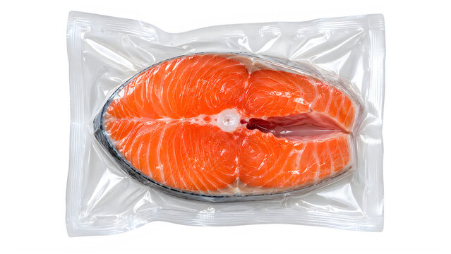Fresh raw salmon steak sealed in a vacuum plastic bag isolated on a clean white background