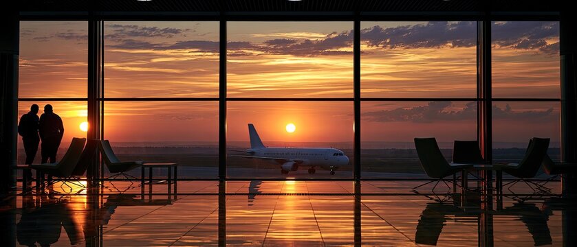Passengers watch sunset from airport lounge as plane waits on tarmac