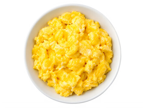 Freshly cooked scrambled eggs served in a white ceramic bowl isolated on a clean white background
