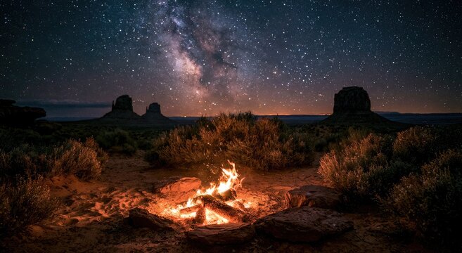 Desert night sky with campfire and ancient rock formations under a luminous Milky Way