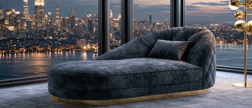 Luxurious chaise lounge with city skyline view at night