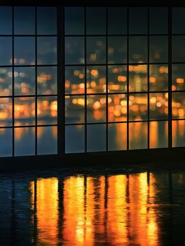 Wet city reflections from a window overlooking a dazzling night cityscape