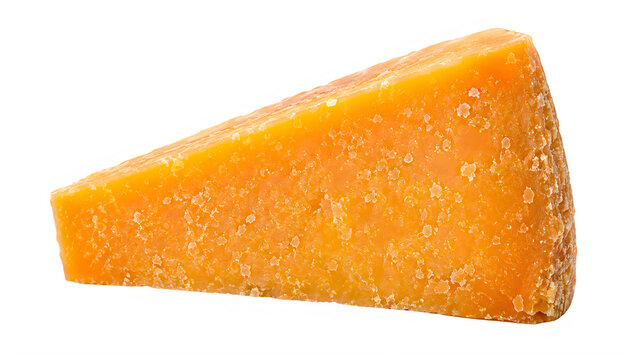 Triangular slice of aged cheddar cheese isolated on a white background with a rustic texture