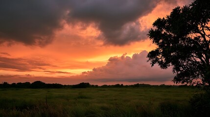 Fototapeta premium A vibrant sunset paints the sky in fiery oranges and reds above a vast green field with silhouetted trees