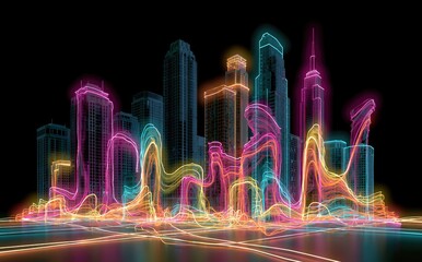 Naklejka premium Futuristic city skyline illuminated by vibrant, glowing neon lights against dark