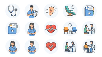 Fototapeta premium Comprehensive set of flat vector medical icons featuring healthcare professionals and clinical equipment for modern healthcare web design projects