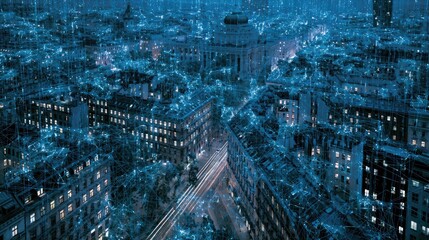 Obraz premium Densely packed cityscapes digitally overlaid with glowing blue network connections
