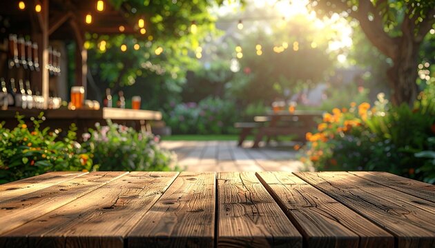 An empty wooden table, with a backdrop of a backyard party scene featuring a blurred draft beer dispenser.