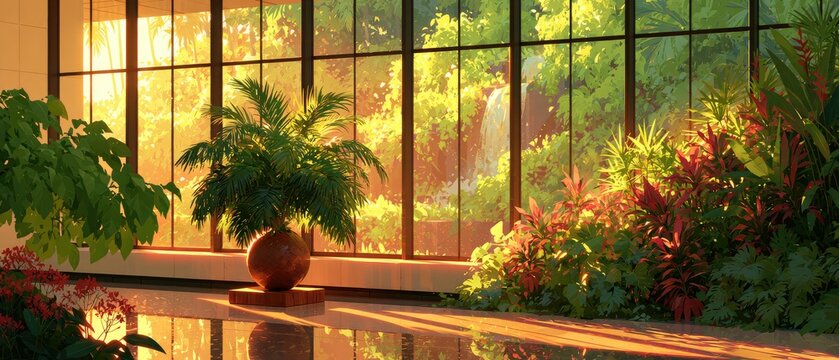 Indoor botanical garden bathed in warm, golden sunlight filtering through large windows
