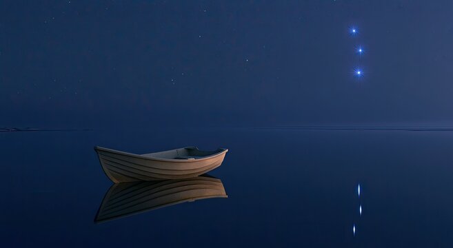 Small boat rests on calm, dark water under a starry night sky