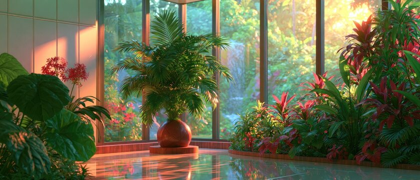 Warm sunlight streams into a room filled with lush plants and a waterfall view