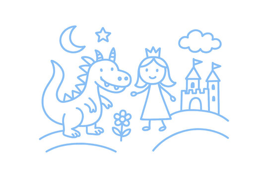 Cute hand drawn stick figure illustration featuring a friendly dragon standing next to a happy princess and a tall castle