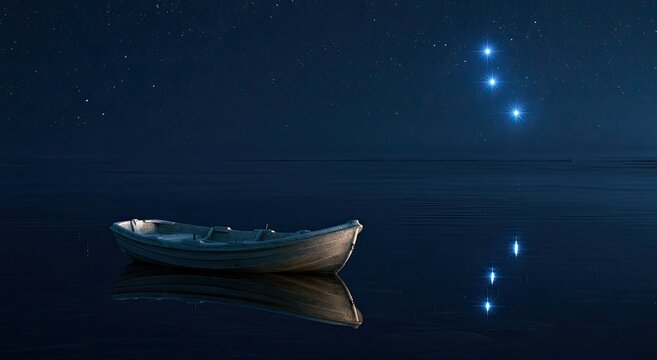 A small rowboat rests on calm water under a starry night sky